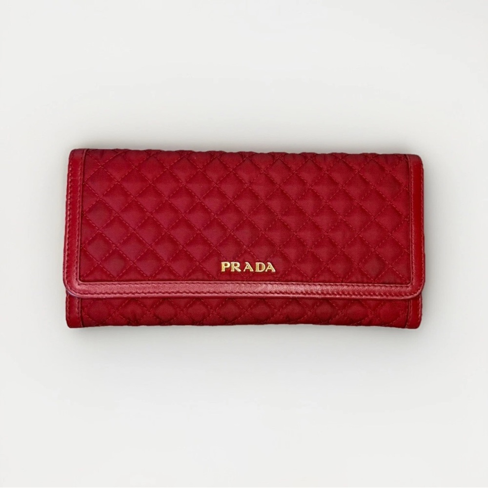 PRADA Quilted Long Wallet Nylon Red